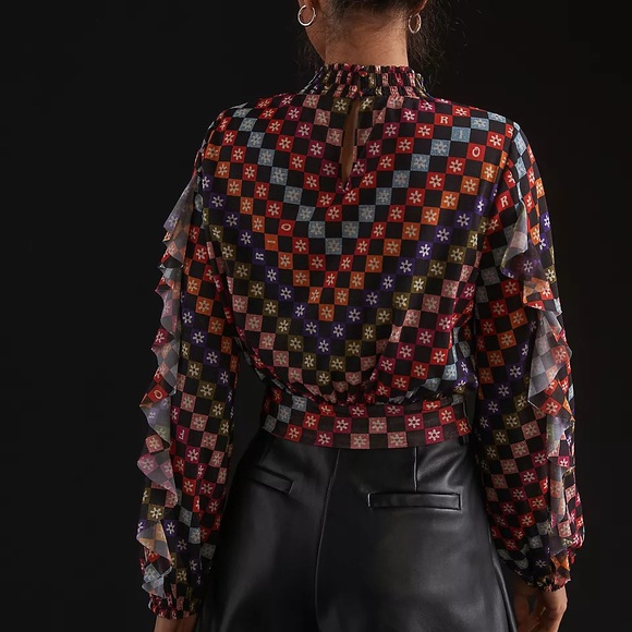 Anthropologie Farm Rio Checked High Neck Blouse - Picture 2 of 4